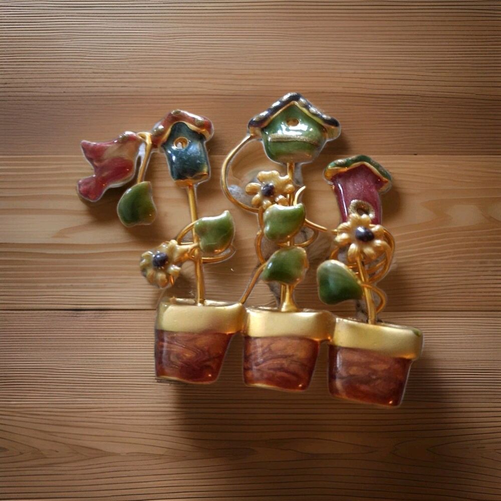 Birdhouse Flower Pot Brooch Pin Colorful Enamel Over Gold Tone Metal 2"